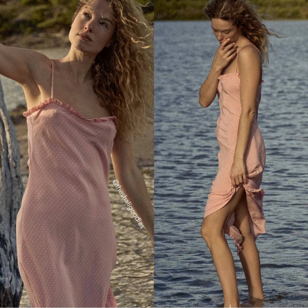 DÔEN Calsi Pink Silk Polka Dot Slip Dress in Rose Blush with Ruffle Detail
